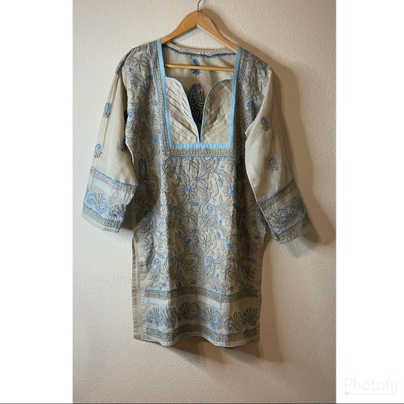 Unlisted Tops - Tan and Blue Tunic Hand Embroidered Kameez Longline